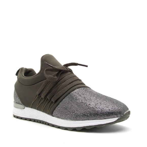 Khaki Olive Shimmery Metallic Slip On Sneakers - Picture 2 of 2